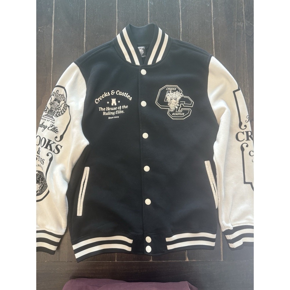 Crooks & Castles Ruling Elite Varsity Jacket Mens S Black Cream Streetwear